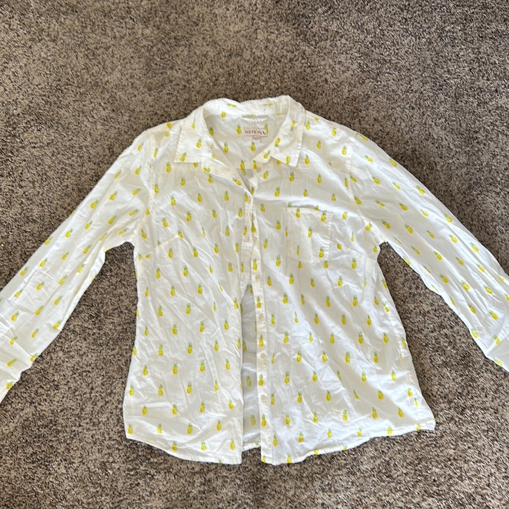 Lightweight White Button Up With Pineapples On It - image 1